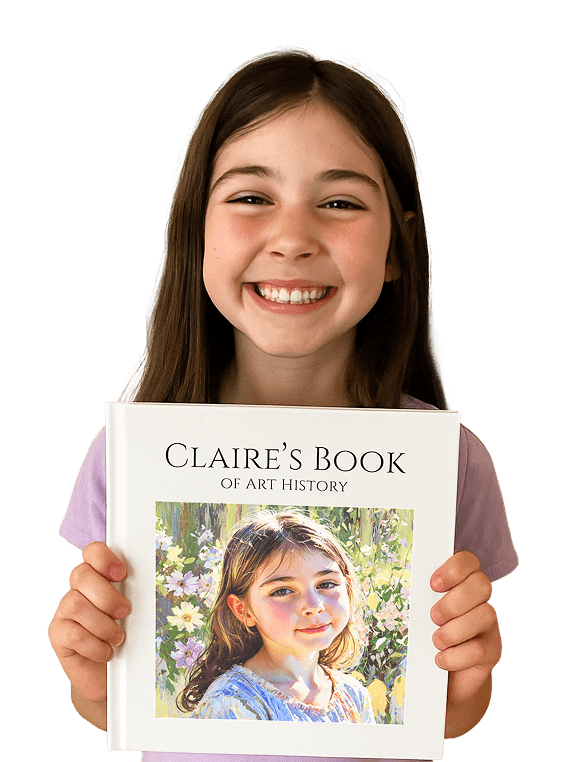 Child with personalized art history book